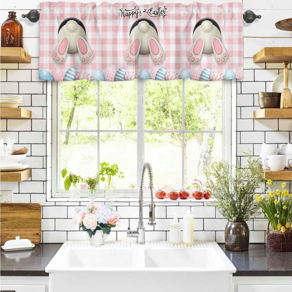 Easter Curtain Valances for Windows, Bunny Easter Eggs Floral Spring Pink Plaid - Picture 7 of 8
